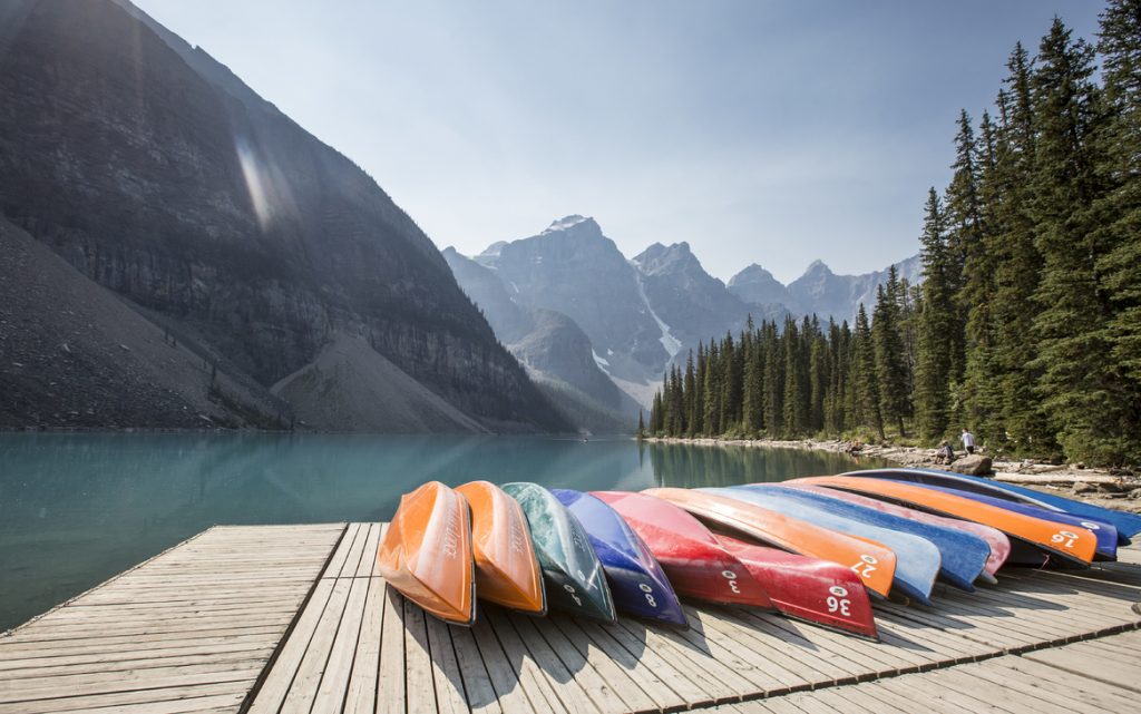 Canoes at serene Moraine Lake